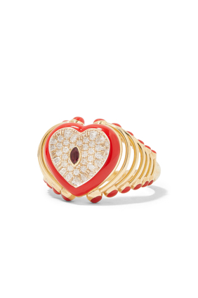 The Red Heart Moment Ring, 18k Yellow Gold With Enamel & Diamonds